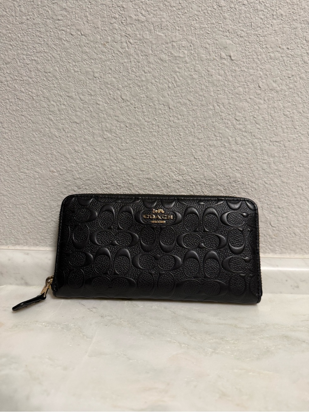 Coach Black Embossed Signature Leather Zip-Around Wallet with Gold Logo